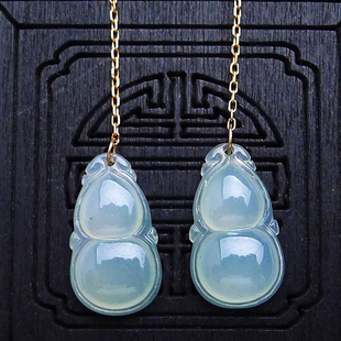 18K金镶玉耳环冰种翡翠葫芦吊坠耳坠镶嵌耳线天然玉石耳钉1.53克