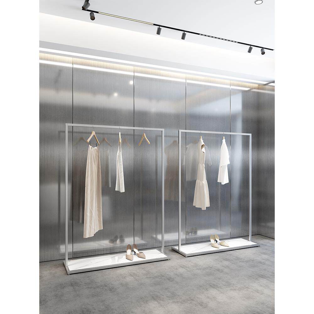 服装展示架不锈钢实木银色落地式展示架女士服装店简易衣架侧挂架