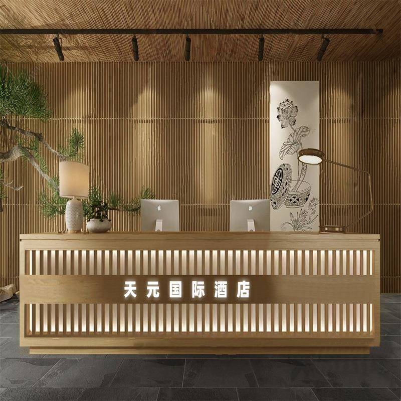 收银台新中式小型复古美容院养身馆吧台酒店原木前台接待转角柜台