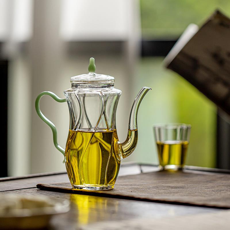 中式彷古玻璃仕女执壶耐高温玻璃泡茶壶小绿茶壶黑晶炉煮茶烧水壶