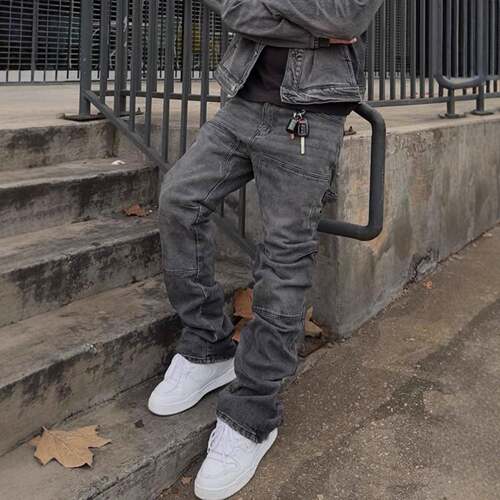 Men's Water Wash Denim Jeans, Pure Color Elastic Patchwork