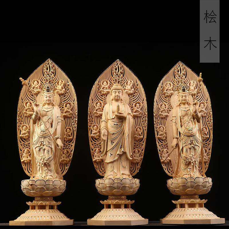 桧木雕刻描金东方三圣摆件摆设规格43&times;14.5&times;14.5书房装饰工艺品