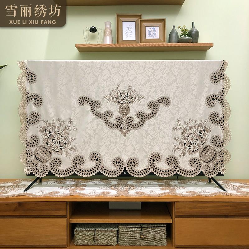 欧电视6防尘罩液晶曲5屏55寸5IIH寸7寸刺绣布艺盖巾式新中式花团