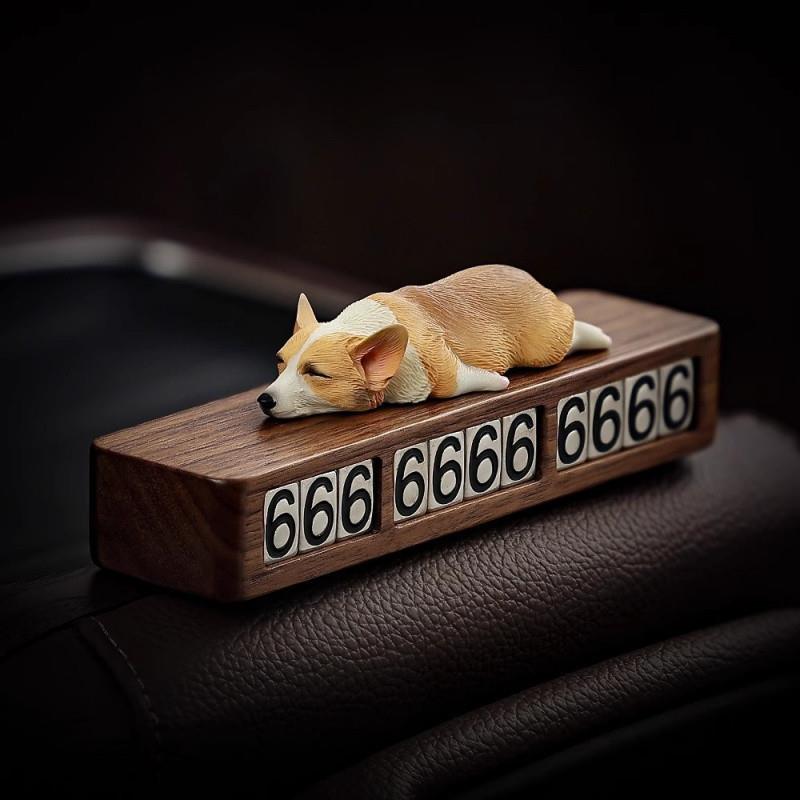 高挡实木临时停车号码牌睡着的柯基车载装饰品摆件男女可用挪车牌