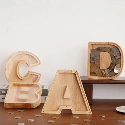 26 English Alphabet Moneybox Coin Money Piggy Bank Wooden Le