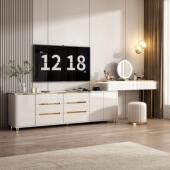 实木烤漆岩板化妆台收纳柜一体卧室简约现代斗柜化妆台轻奢气氛灯