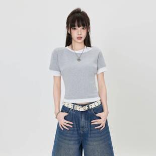 美式灰白假两件不规则圆领短袖恤女百搭简约双领修身上衣新款