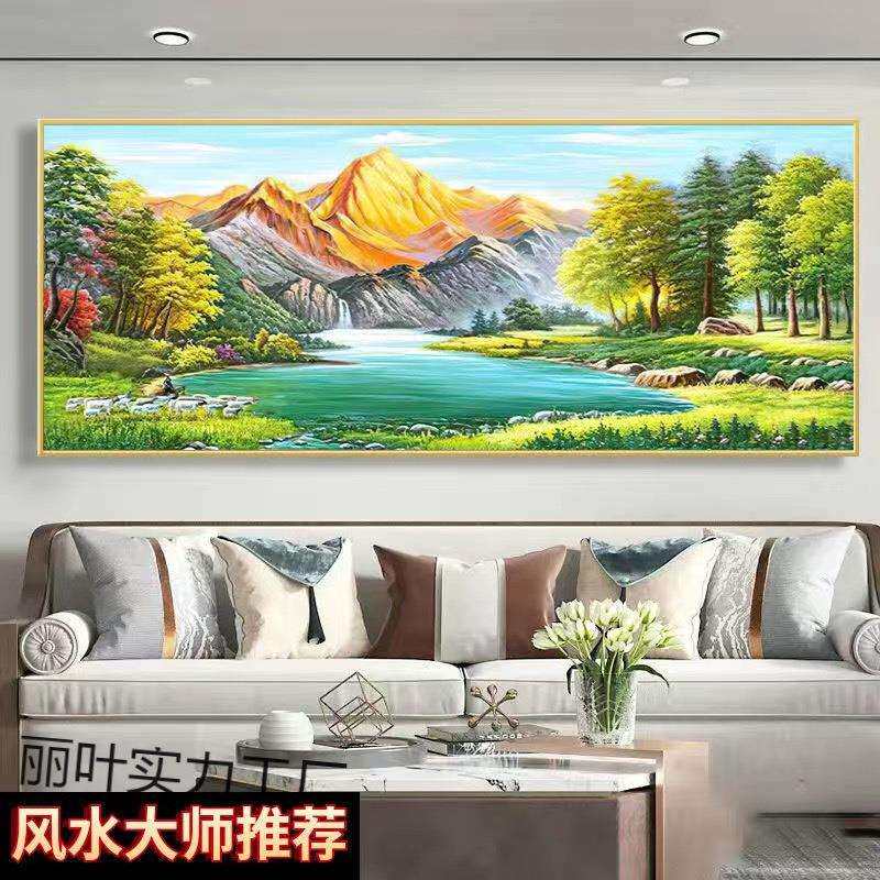 西墙聚财挂画家有靠山背景金山青绿聚宝盆山水油画沙发客厅八方招