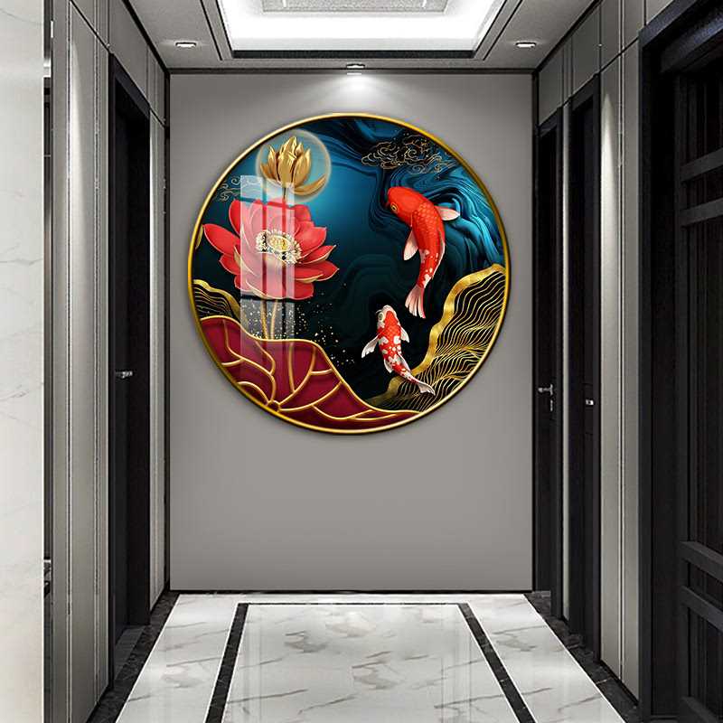 新中式圆形装饰画九鱼图沙发背景墙壁画饭店走廊过道玄关鞋柜挂画图片