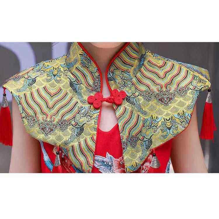 高档儿童晚礼服端红色钢奏琴古筝演服装国女高大童国潮中走秀演出