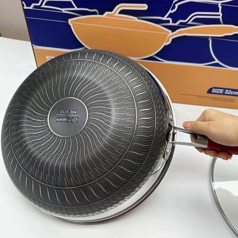 304双面屏不锈钢蜂窝炒锅 32cm不沾炒鼎无涂层平底锅电磁炉通用