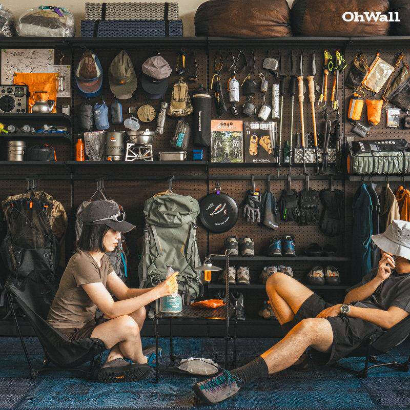 ohwall洞洞板户外徒步装备置物架露营金属货架胡桃木色展示收纳墙