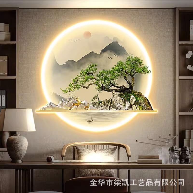 入户玄关装饰画中式山水迎客松走廊光壁画新轻奢鹿带ASP发L灯ED挂