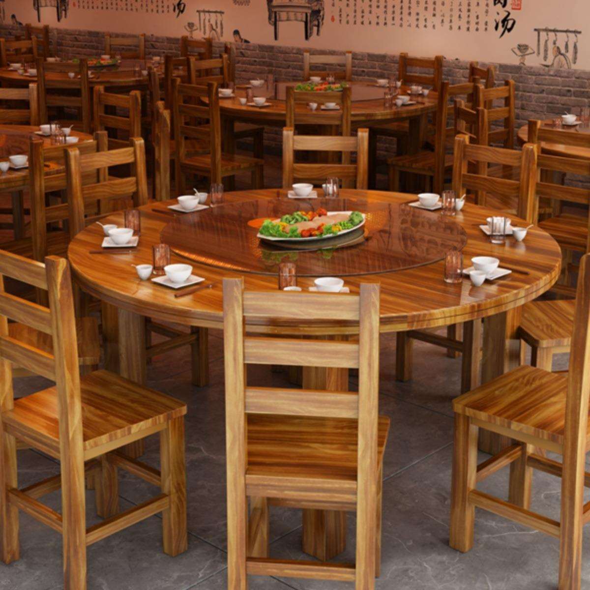 实圆桌碳化饭店桌椅圆组木合馆小吃店烧烤饭馆大排挡快餐桌面椅T&