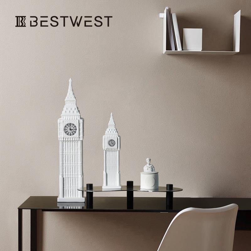 Bestwest欧式白色大笨钟陶瓷工艺品摆件家居办公室桌面装饰品