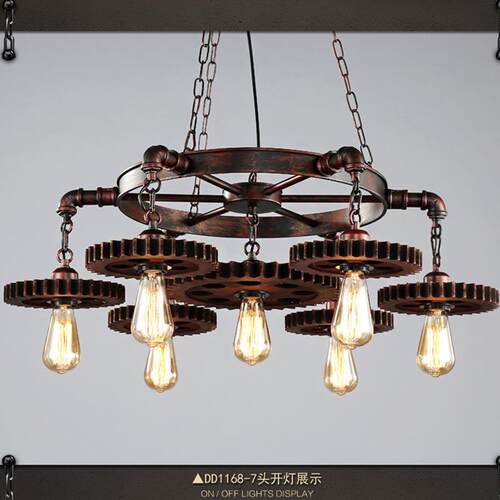 lo创f轮754t复古工业吊灯意个性酒吧美发店铺怀旧齿铁艺术风灯具