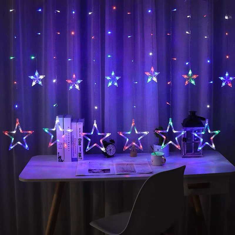 led五角星窗帘灯大小星星灯装饰灯圣诞节 房间满天星灯串五角星灯