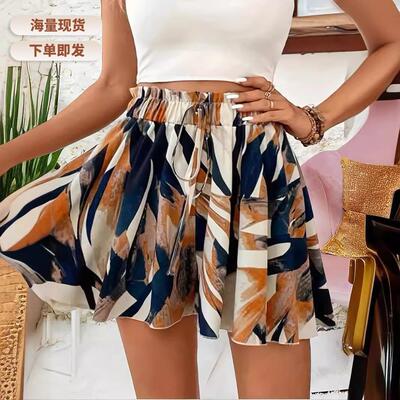 Summer Abstract Print Waisted Drawstring Leg Pants Women