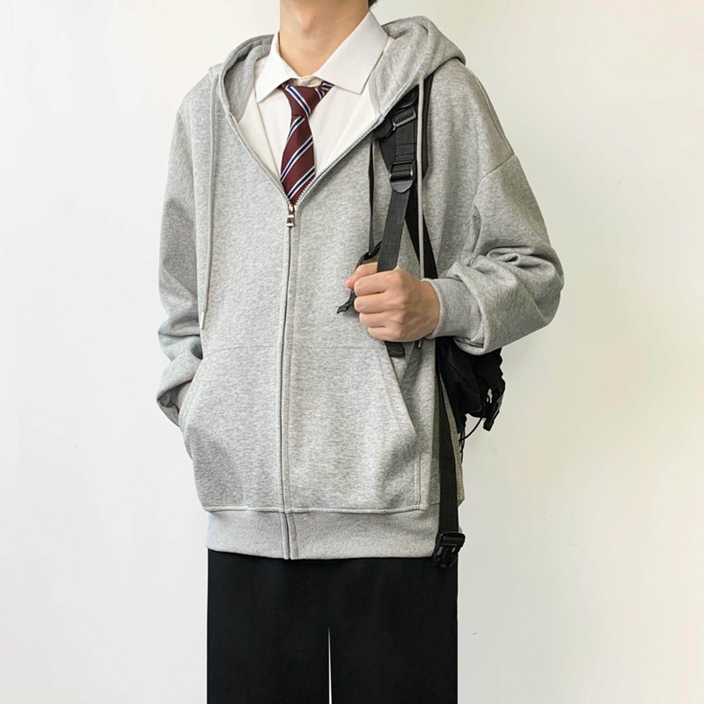 木村叔dk日系灰色连帽开 衫卫衣男士春季西装制服内搭叠穿春秋外