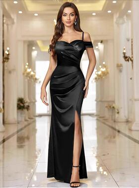 Elegant Women'S Off-Shoulder Satin Long Bridesmaids Dress,