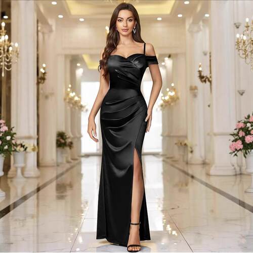 Elegant Women'S Off-Shoulder Satin Long Bridesmaids Dress,