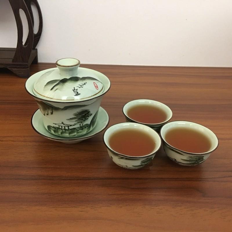 包邮龙泉青瓷手绘山水莲花功夫茶具三才碗陶瓷盖碗家用手工泡茶器