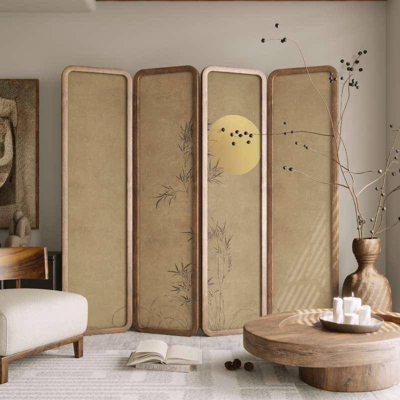 中式屏风隔断折叠移动入户客厅遮挡禅意复古简约竹子月圆屏风