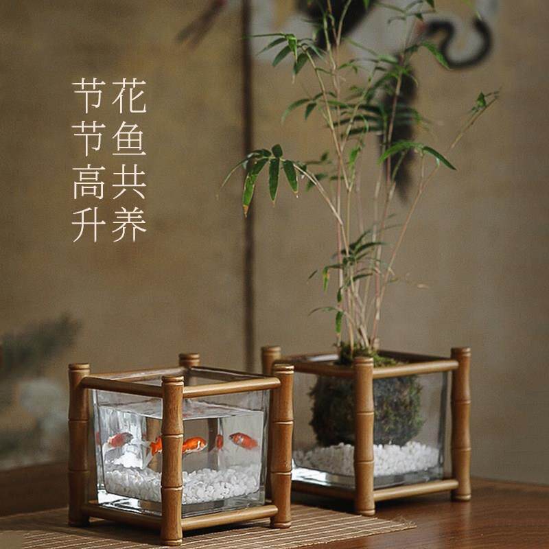 大相莲花节节高升 手工竹编玻璃花器花瓶 中式花架 送鱼缸 送石子