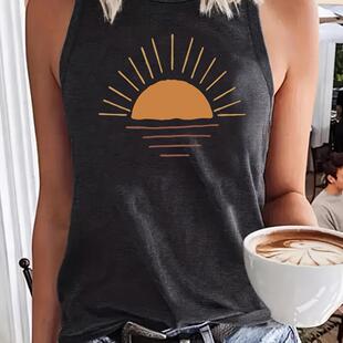 Women's Sunrise Print Round Neck Fitted Tank Top, Casual
