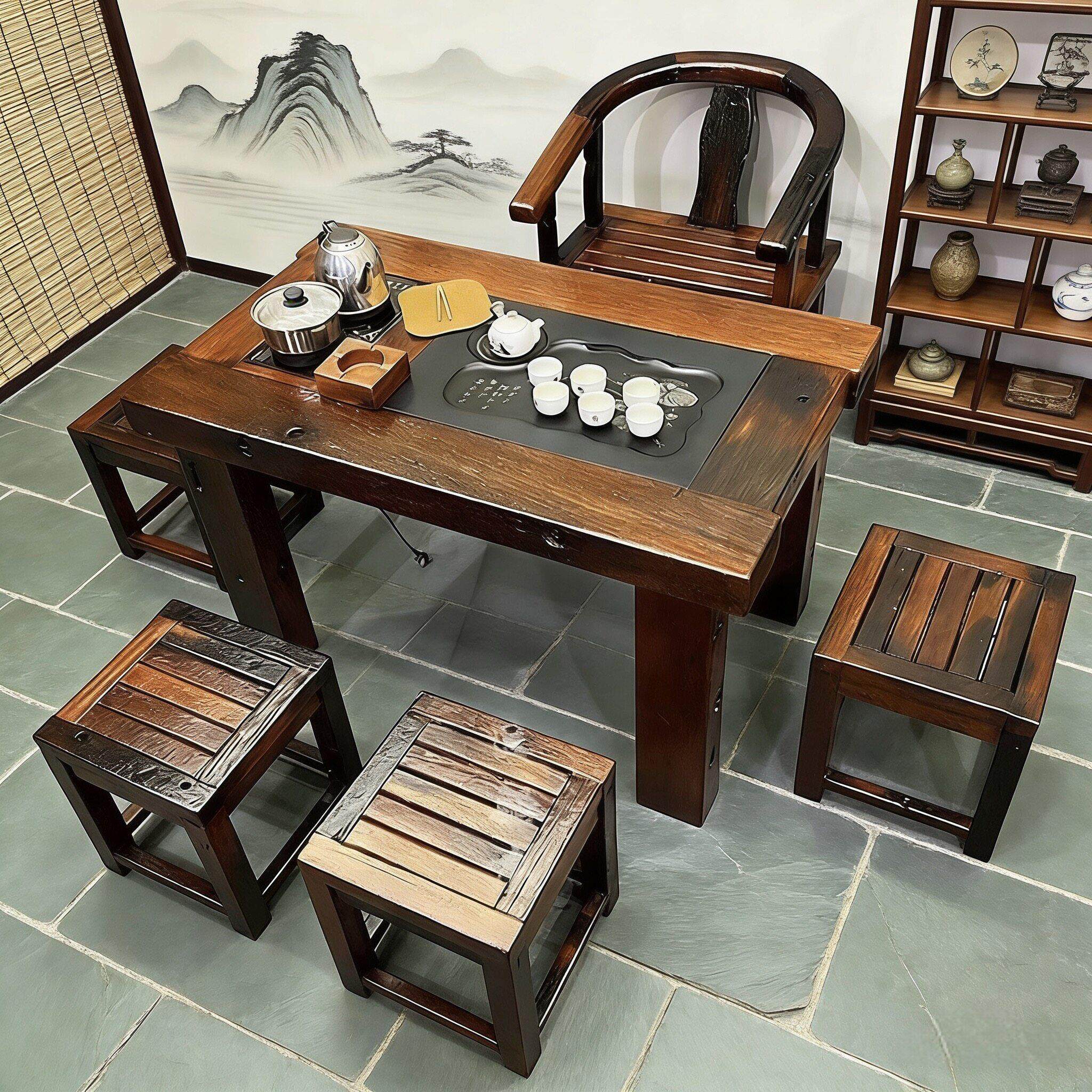 正品老船木茶桌椅组合实木茶台茶几户外一体桌办公室阳台小茶桌