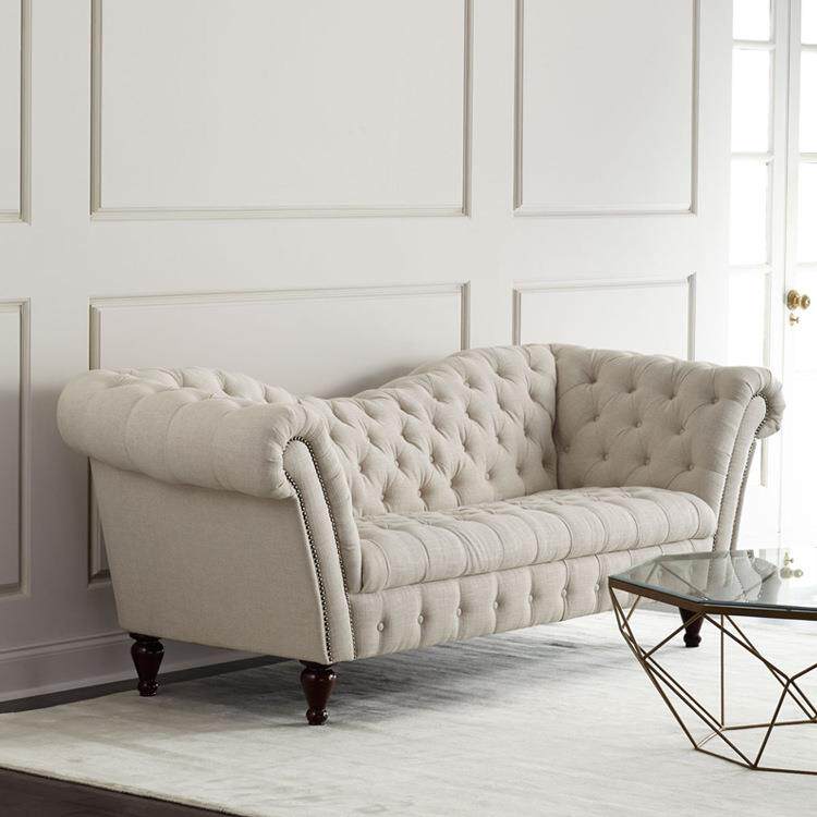 美式拉扣布艺弧形沙发米白色欧式三人位沙发大小户型亚麻布沙发