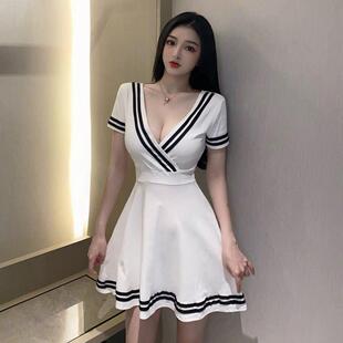 气质露胸短袖低胸V领性感技术员工作服裙子Ktv浴衣公主制服女裙