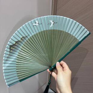 扇子夏天可携式古风绿色折扇女式随身古典中国风汉服旗袍折叠扇礼