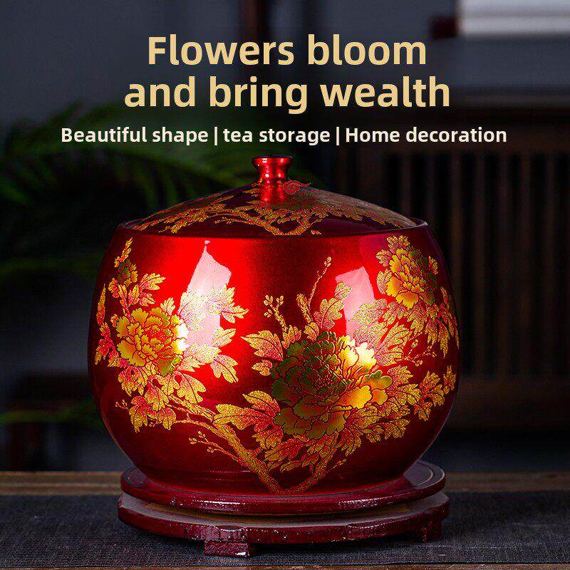 景德镇陶瓷封红釉带盖牡丹储罐大型新中国风大型5公斤覆古瓷器