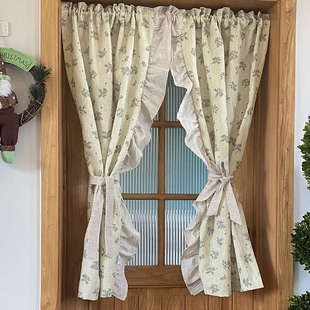 南法风田园奶油ins风暖黄色小花荷叶边窗帘半帘穿杆隔断帘