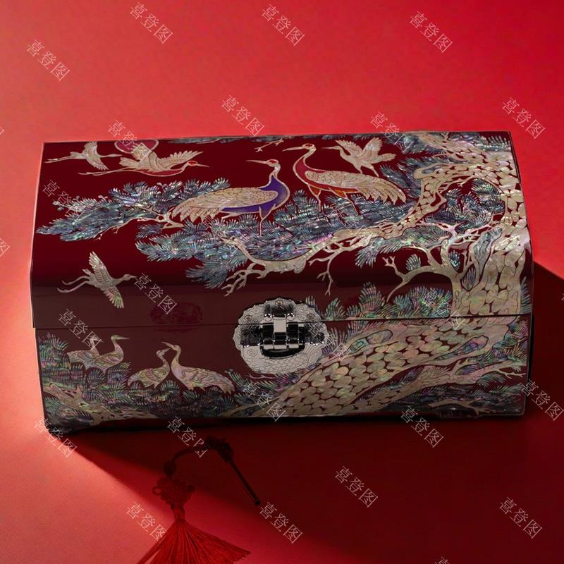 正品螺钿漆器母中松鹤首饰手镯鲍婚鱼贝庆国风实木带锁戒指盒贝收