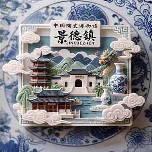 江西【景德镇】陶瓷花瓶瓷都浮雕金属冰箱磁贴旅游景点文创纪念品