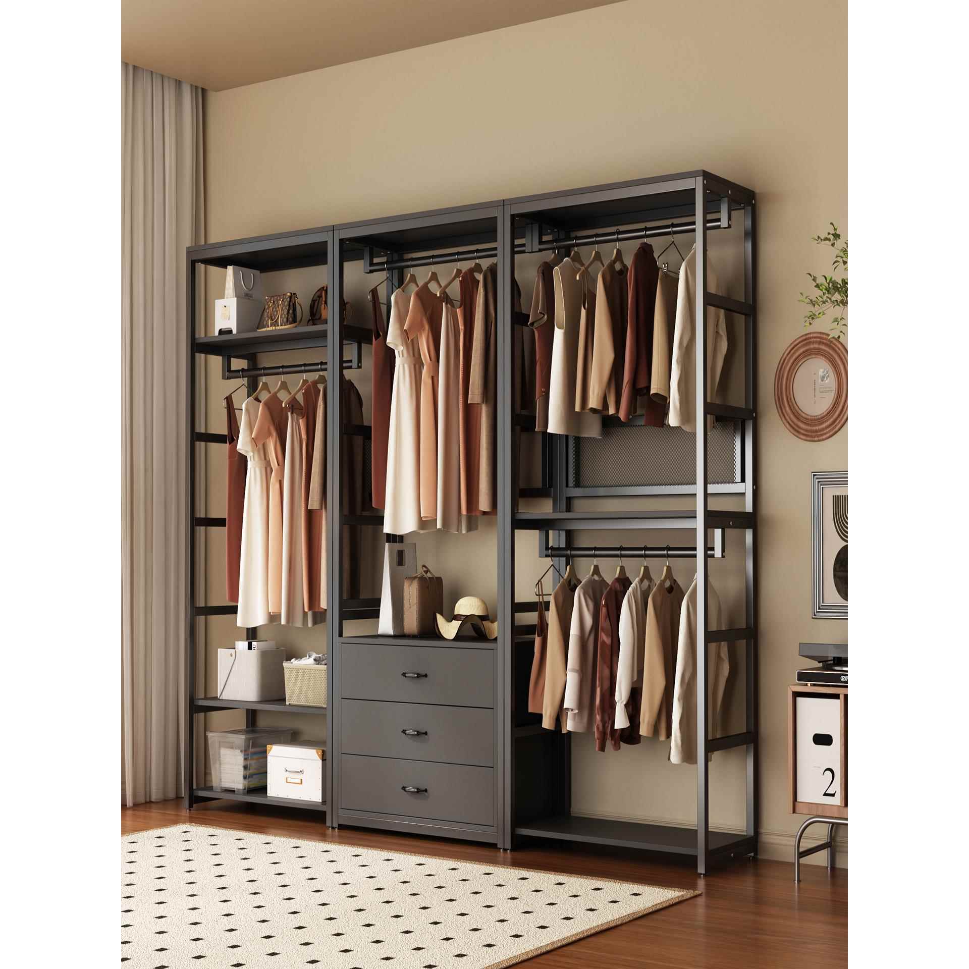 新款开放式简易衣柜家用卧室结实耐用简易组装柜子儿童金属框架挂