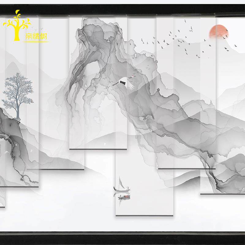 新中式卷帘水墨窗帘升降山水画遮阳遮光半透屏风挂式隔断客厅玄关