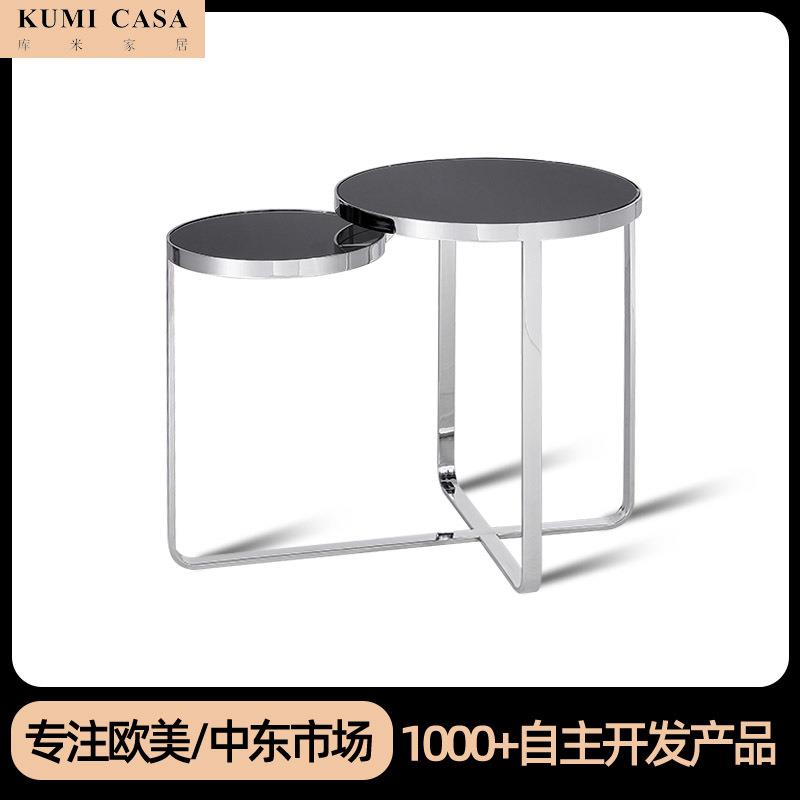 设计师简约创意玻璃边几卧室茶几客厅圆形不锈钢现代沙发圆形角几