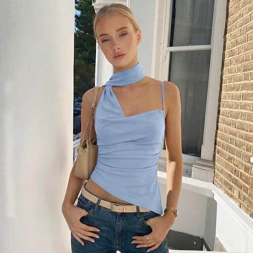 Elegant Backless Halter Neck Satin Top with Asymmetrical