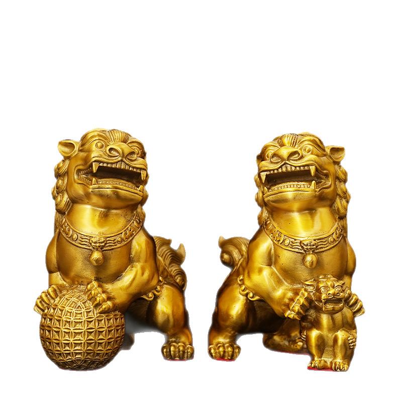 铜狮子滚绣球仿古铜器门狮一对家居办公玄关装饰工艺品铜立狮子