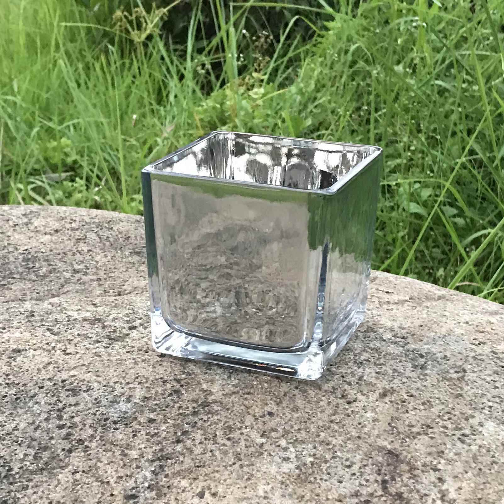 欧式方形玻璃器皿方缸银镜面玻璃电镀花瓶装饰干花器厂家轻奢