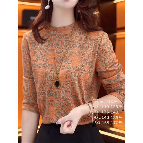 双面德绒打底衫女装长袖t恤H春秋冬新款妈妈洋气印花小衫保暖上衣