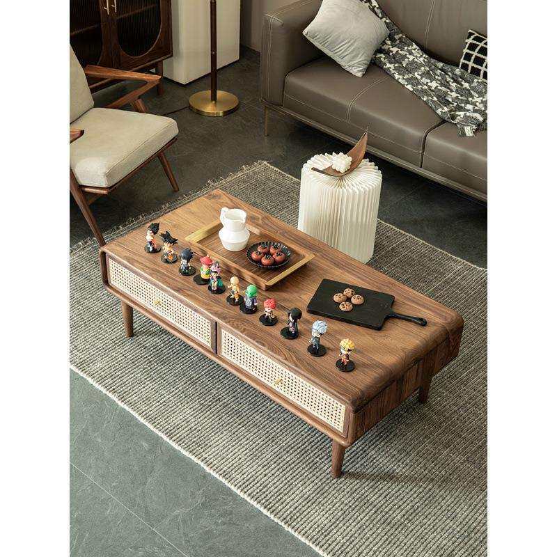 北欧全实木茶几黑胡桃木个性藤编小户型简约现代沙发茶台家用茶几