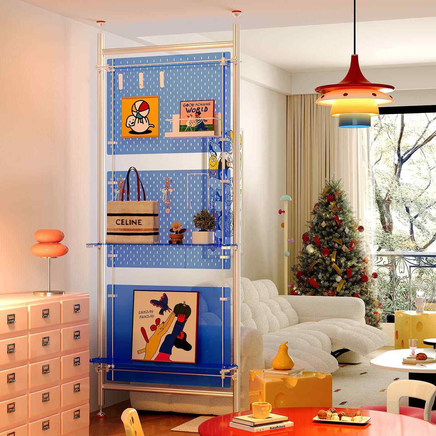 亚克力铝型材免打孔顶天立地光轴洞洞板屏风隔断装饰层架置物架