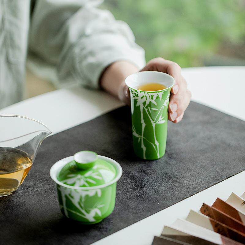 雍正绿纯手绘翠竹聚香杯家用主人杯单个陶瓷闻香杯个人杯