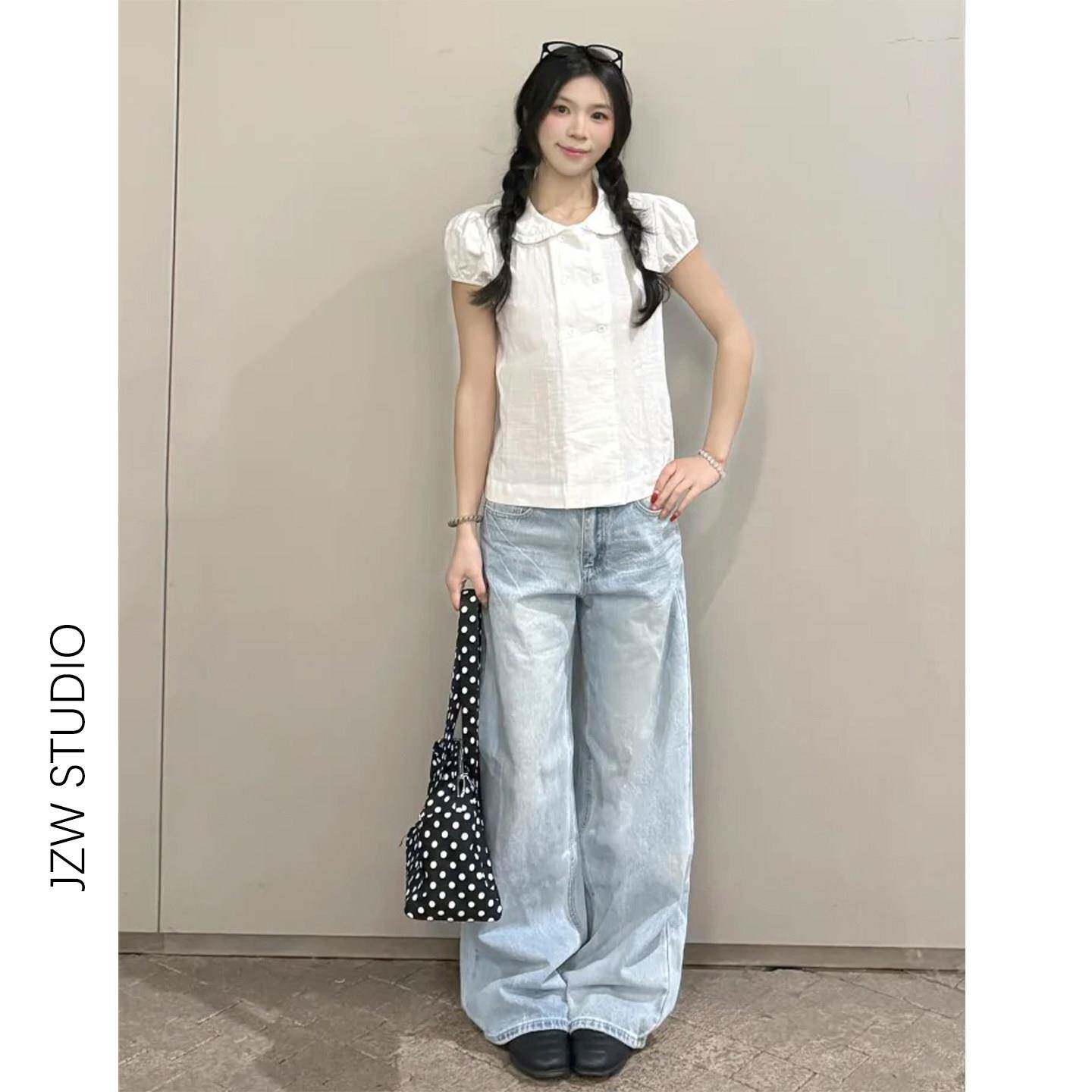 JZWM复古浅蓝压皱阔腿牛仔裤女春季新款梨型身材宽松显瘦直筒长裤