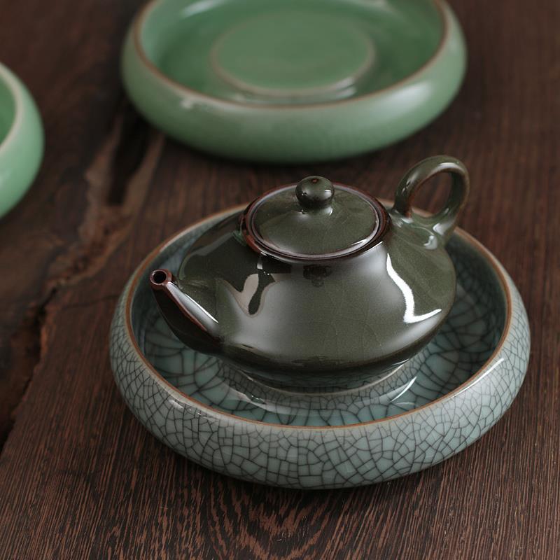 龙泉青瓷壶承壶托家用圆形陶瓷日式储水茶托仿古壶垫功夫茶具配件