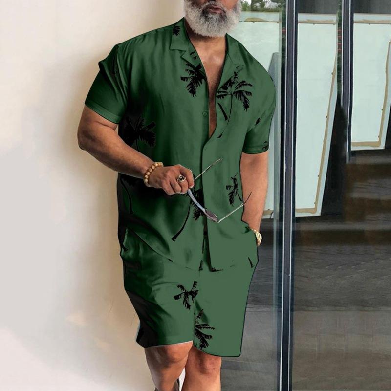Hawaiian trendy suits mens shorts shirt casual palm tree